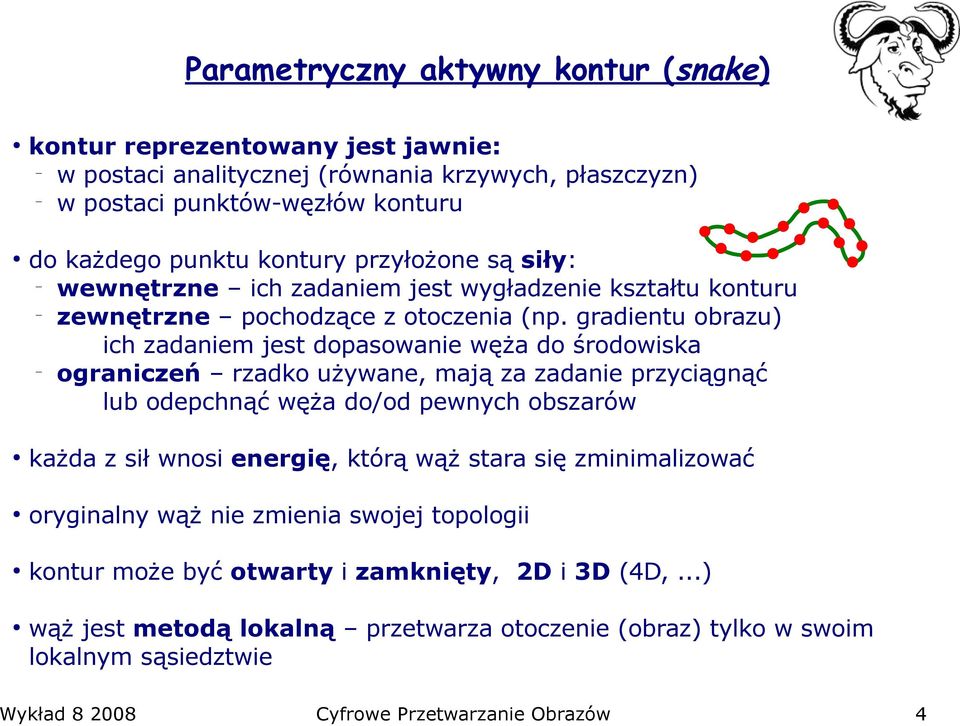 gradientu obrazu) ich zadaniem jest dopasowanie węża do środowiska ograniczeń rzadko używane, mają za zadanie przyciągnąć lub odepchnąć węża do/od pewnych obszarów każda z sił wnosi