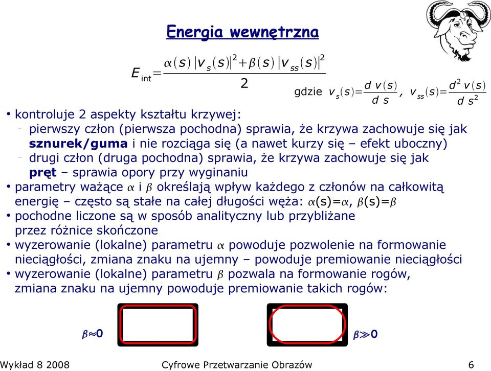 często są stałe na całej długości węża: (s)=, (s)= pochodne liczone są w sposób analityczny lub przybliżane przez różnice skończone wyzerowanie (lokalne) parametru powoduje pozwolenie na formowanie