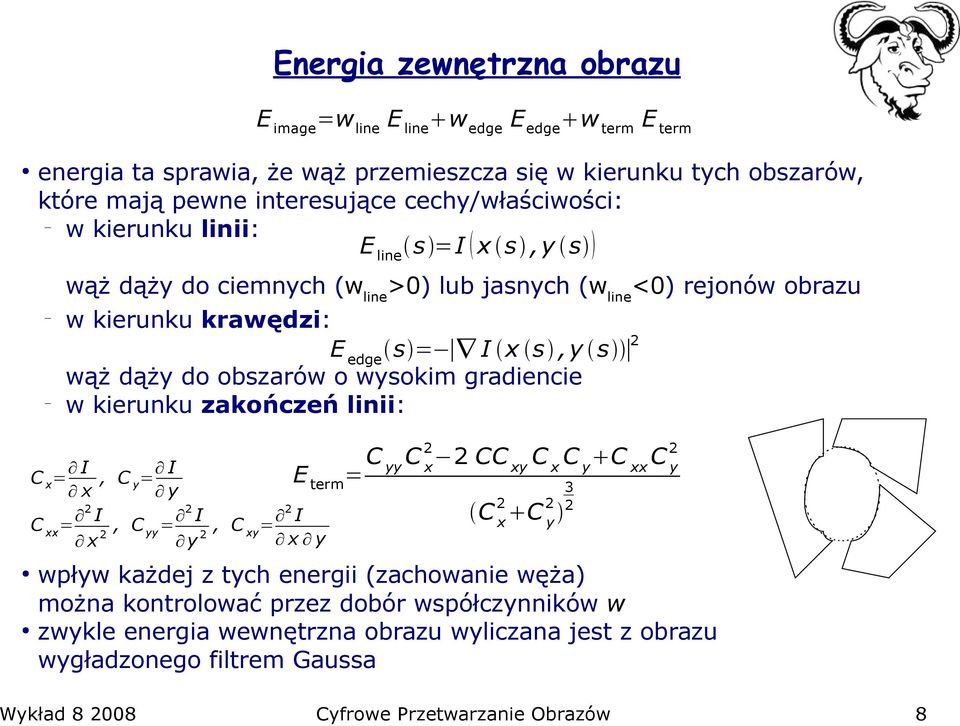 obszarów o wysokim gradiencie w kierunku zakończeń linii: C x = I x, C y = I y C xx = 2 I x 2, C yy = 2 I y 2, C xy = 2 I x y E term = C C 2 2 2 CC yy x xy C x C y C xx C y 3 C 2 x C 2 2 y