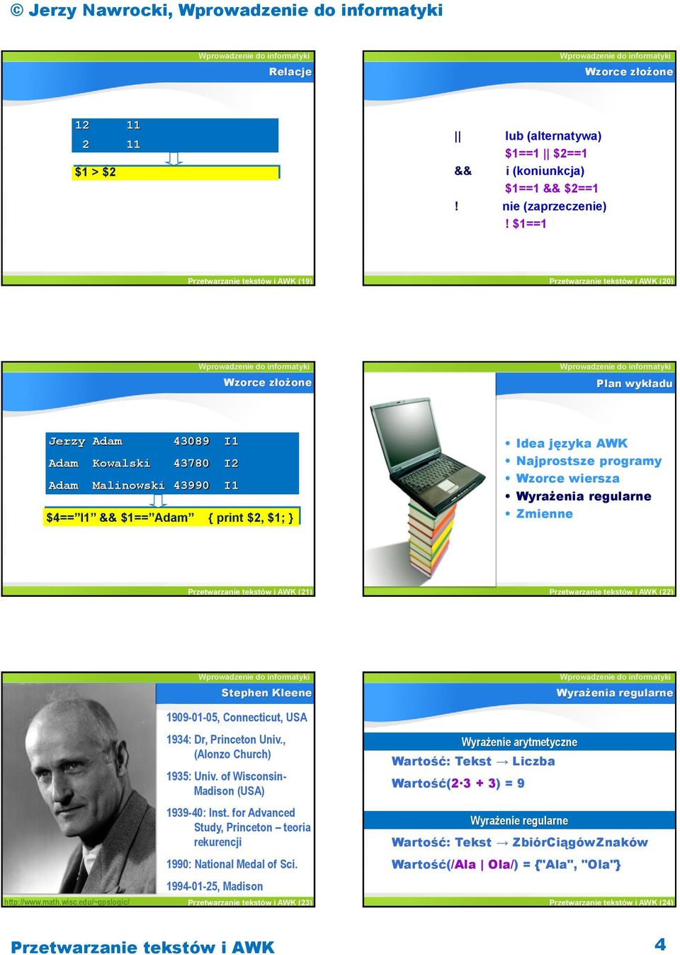 Najprostsze programy Wzorce wiersza Zmienne Przetwarzanie tekstów i AWK (21) Przetwarzanie tekstów i AWK (22) Stephen Kleene Wyrażenia regularne http://www.math.wisc.