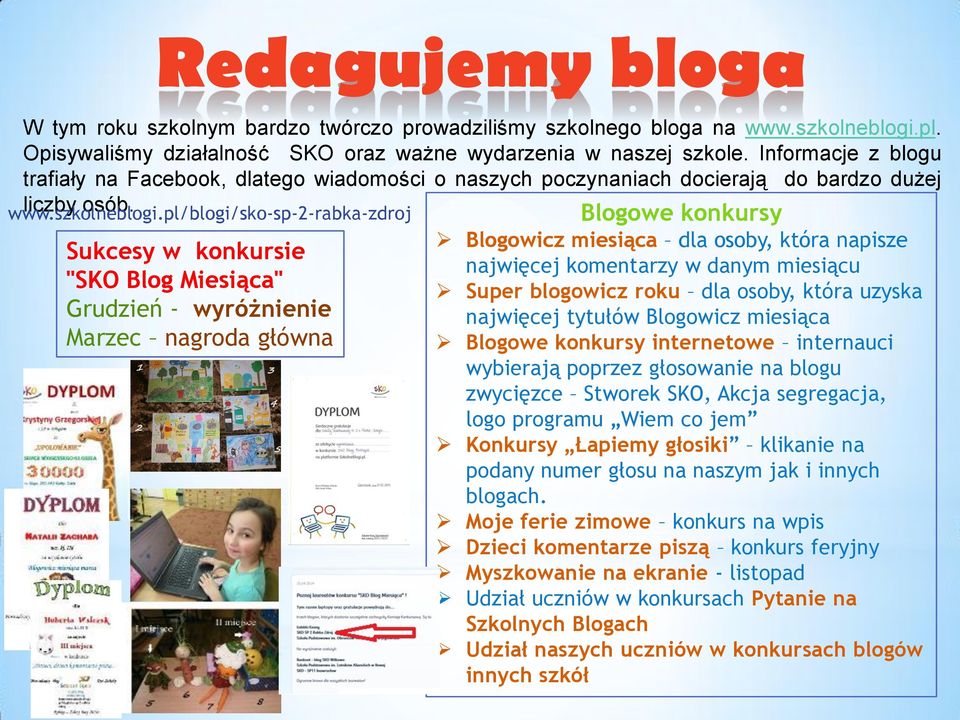 Sukcesy w konkursie "SKO Blog Miesiąca" Grudzień - wyróżnienie Marzec nagroda główna Blogowe konkursy Blogowicz miesiąca dla osoby, która napisze najwięcej komentarzy w danym miesiącu Super blogowicz
