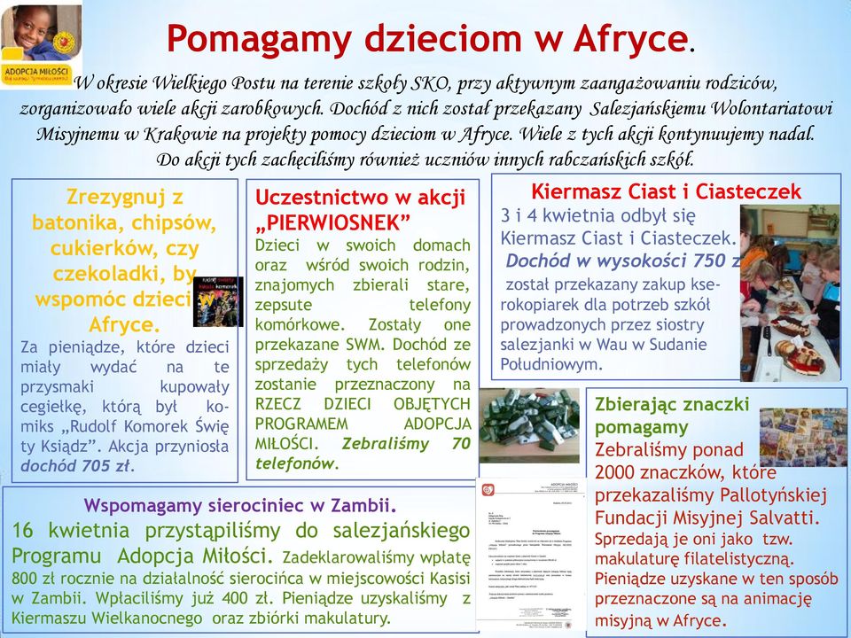 Do akcji tych zachęciliśmy również uczniów innych rabczańskich szkół. Zrezygnuj z batonika, chipsów, cukierków, czy czekoladki, by wspomóc dzieci w Afryce.
