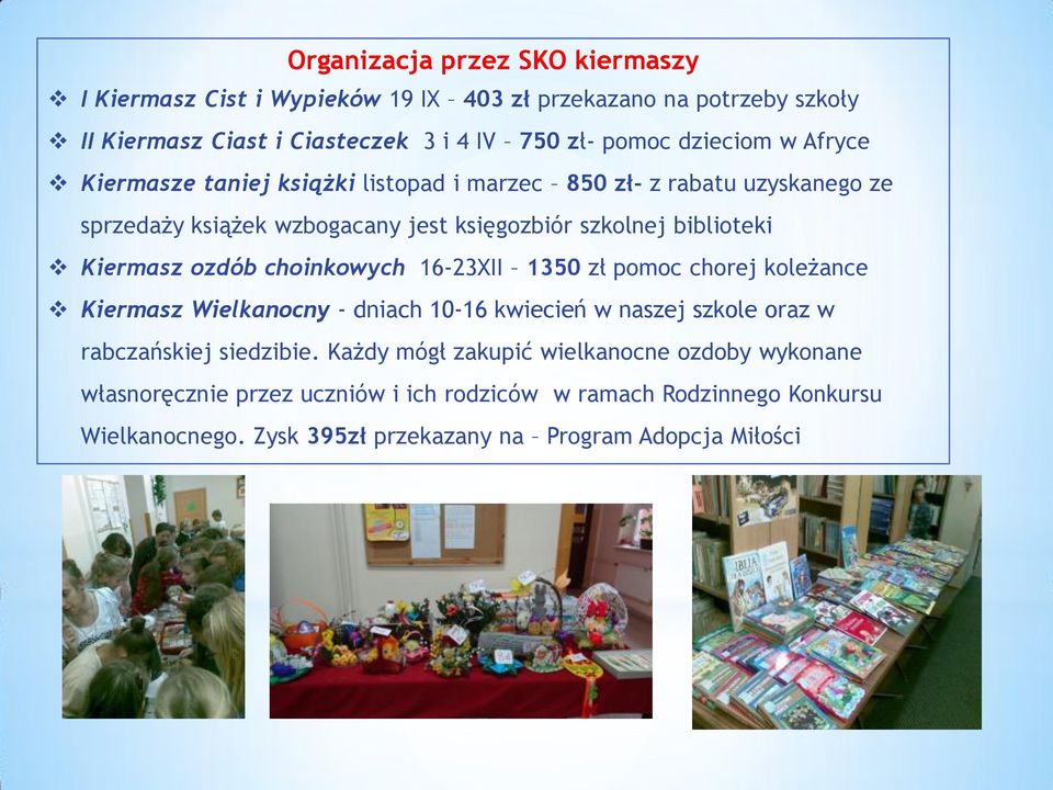 Kiermasz ozdób choinkowych 16-23XII 1350 zł pomoc chorej koleżance Kiermasz Wielkanocny - dniach 10-16 kwiecień w naszej szkole oraz w rabczańskiej siedzibie.