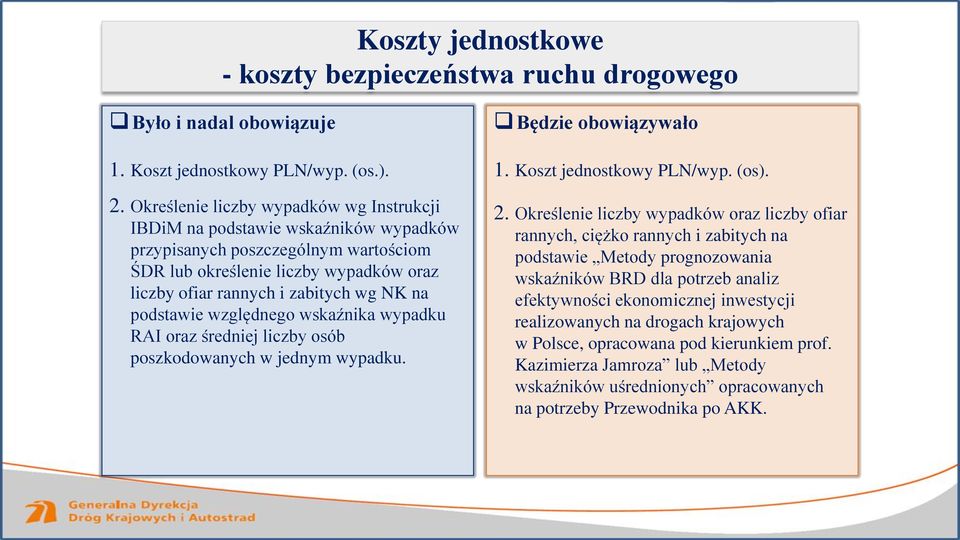 podstawie względnego wskaźnika wypadku RAI oraz średniej liczby osób poszkodowanych w jednym wypadku. Będzie obowiązywało 1. Koszt jednostkowy PLN/wyp. (os). 2.