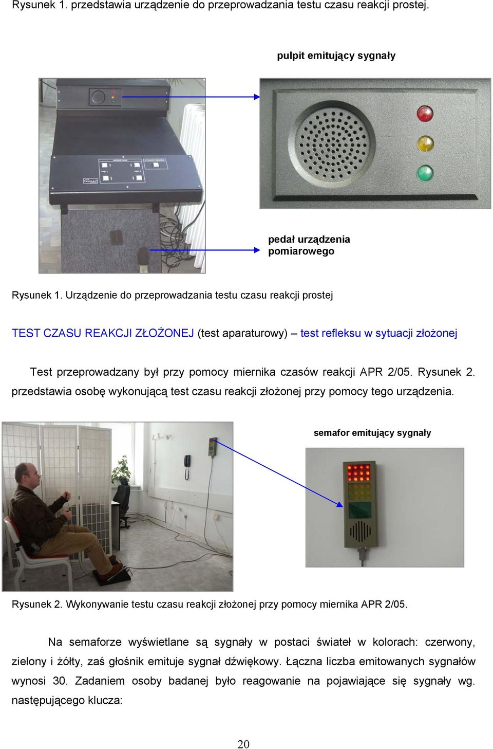 APR 2/05. Rysunek 2. przedstawia osobę wykonującą test czasu reakcji złożonej przy pomocy tego urządzenia. semafor emitujący sygnały Rysunek 2.