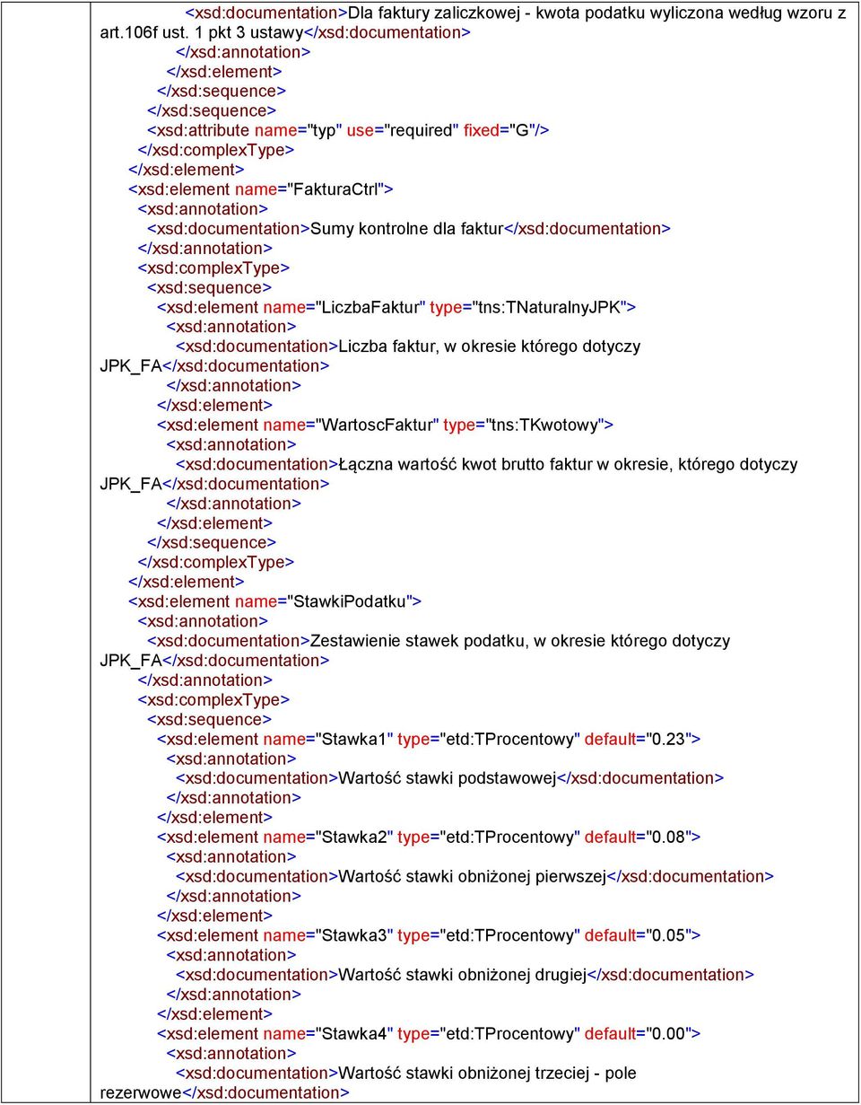 <xsd:complextype> <xsd:sequence> <xsd:element name="liczbafaktur" type="tns:tnaturalnyjpk"> <xsd:>liczba faktur, w okresie którego dotyczy JPK_FA</xsd:> <xsd:element name="wartoscfaktur"