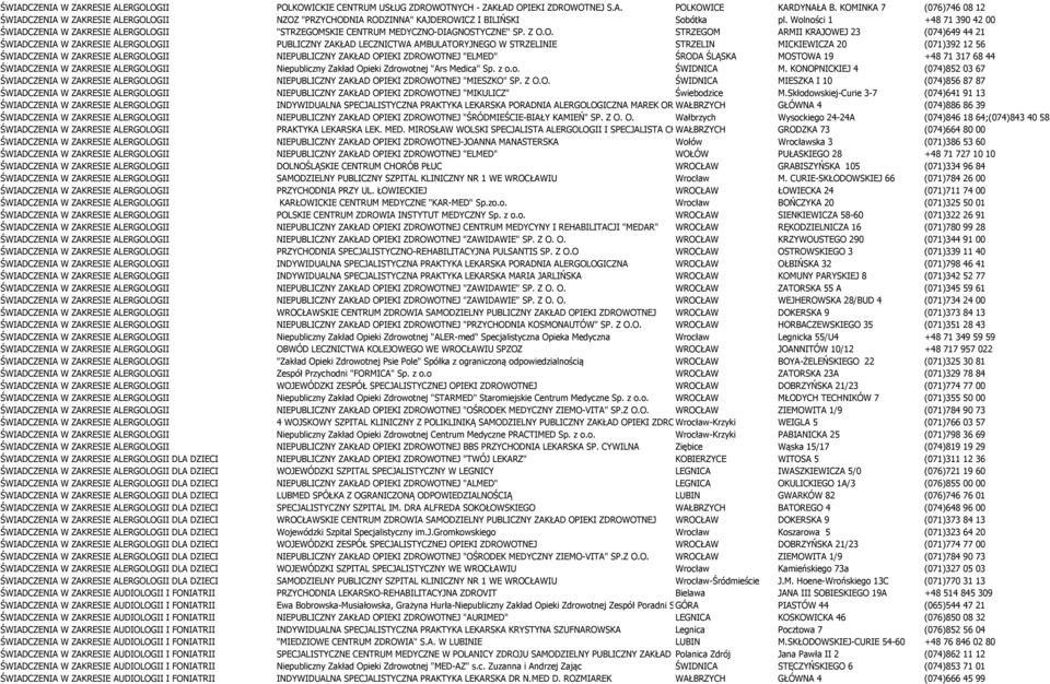 Wolności 1 +48 71 390 42 00 ŚWIADCZENIA W ZAKRESIE ALERGOL