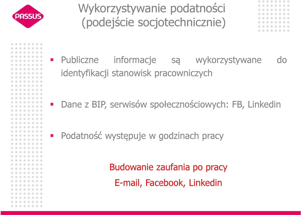 Dane z BIP, serwisów społecznościowych: FB, Linkedin Podatność