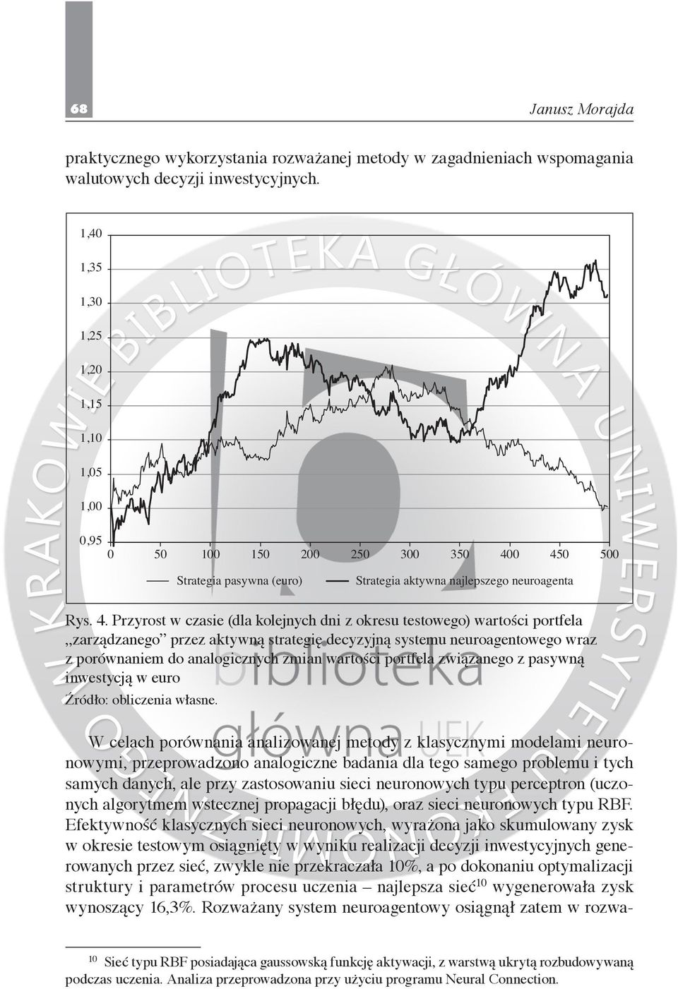 0 450 500 Strategia pasywna (euro) Strategia aktywna najlepszego neuroagenta Rys. 4. Przyrost w czasie (dla kolejnych dni z okresu testowego) wartości portfela zarządzanego przez aktywną strategię