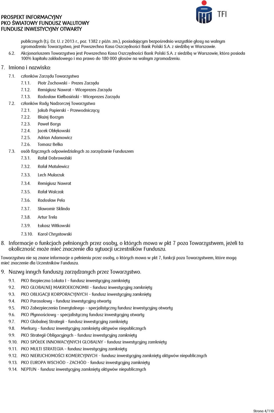 7. Imiona i nazwiska: 7.1. członków Zarządu Towarzystwa 7.1.1. Piotr Żochowski Prezes Zarządu 7.1.2. Remigiusz Nawrat Wiceprezes Zarządu 7.1.3. Radosław Kiełbasiński Wiceprezes Zarządu 7.2. członków Rady Nadzorczej Towarzystwa 7.