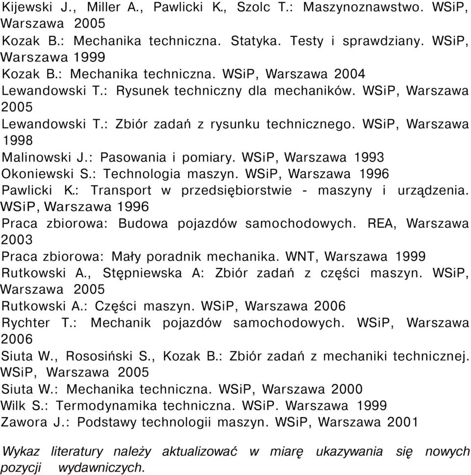 : Technologia maszyn. WSiP, Warszawa 1996 Pawlicki K.: Transport w przedsiębiorstwie - maszyny i urządzenia. WSiP, Warszawa 1996 Praca zbiorowa: Budowa pojazdów samochodowych.