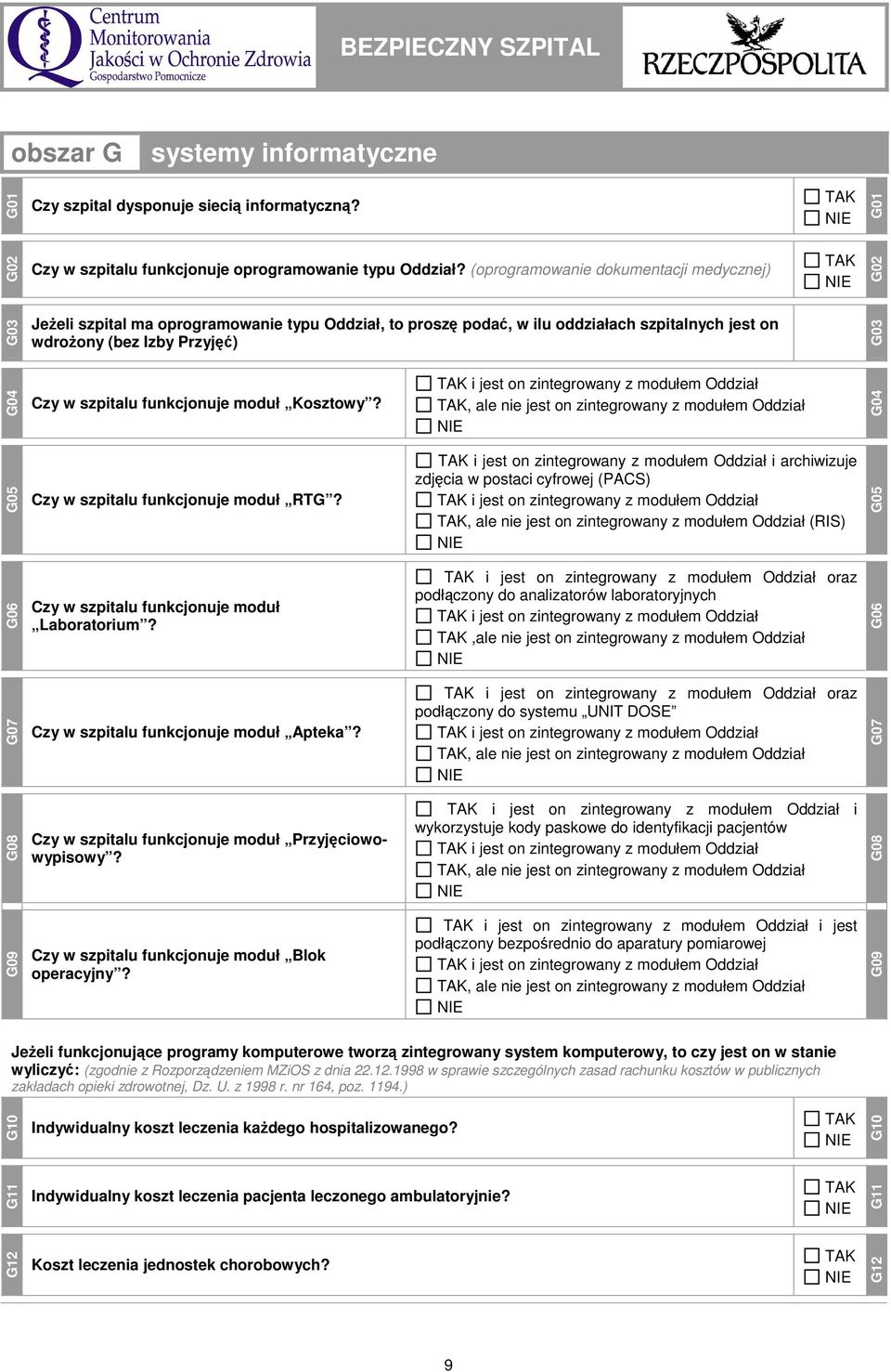 funkcjonuje moduł Kosztowy? i jest on zintegrowany z modułem Oddział, ale nie jest on zintegrowany z modułem Oddział G04 G09 G08 G07 G06 G05 Czy w szpitalu funkcjonuje moduł RTG?