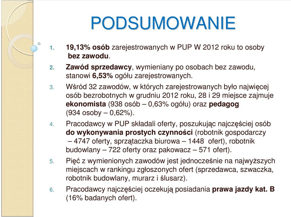 Pracodawcy w PUP składali oferty, poszukując najczęściej osób do wykonywania prostych czynności (robotnik gospodarczy 4747 oferty, sprzątaczka biurowa 1448 ofert), robotnik budowlany 722 oferty oraz