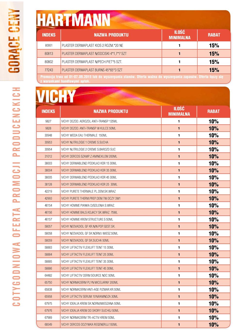 COTYGODNIOWA OFERTA PROMOCJI PRODUCENCKICH VICHY 9827 VICHY DEZOD. AEROZOL ANTI-TRANSP 125ML 1 10% 9828 VICHY DEZOD.
