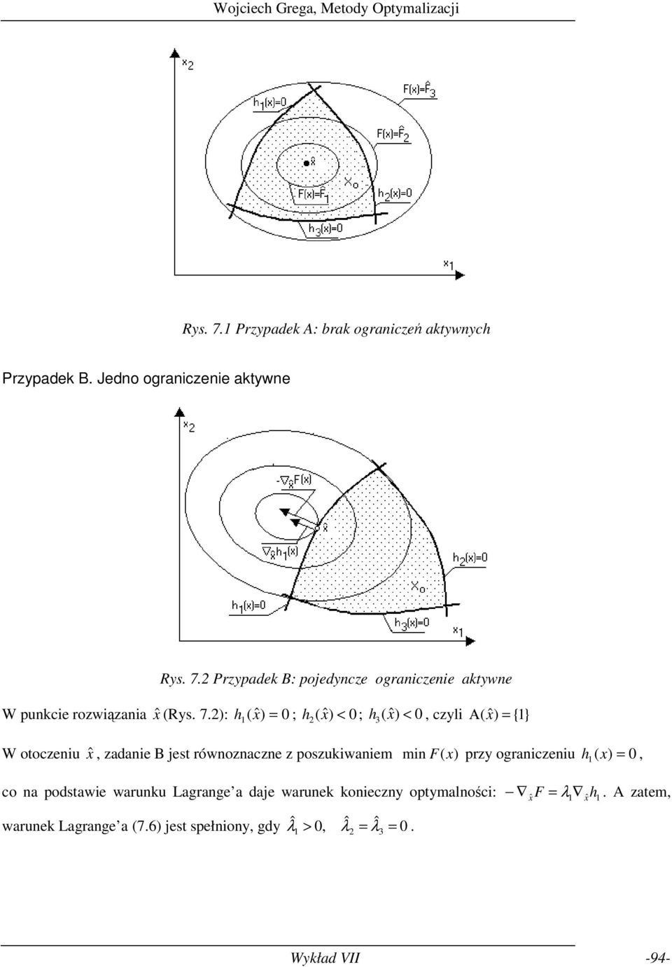 otoczenu, zadane B est równoznaczne z poszukwanem mn F ( x) przy ogranczenu h ( x) 0, co na podstawe warunku Lagrange a