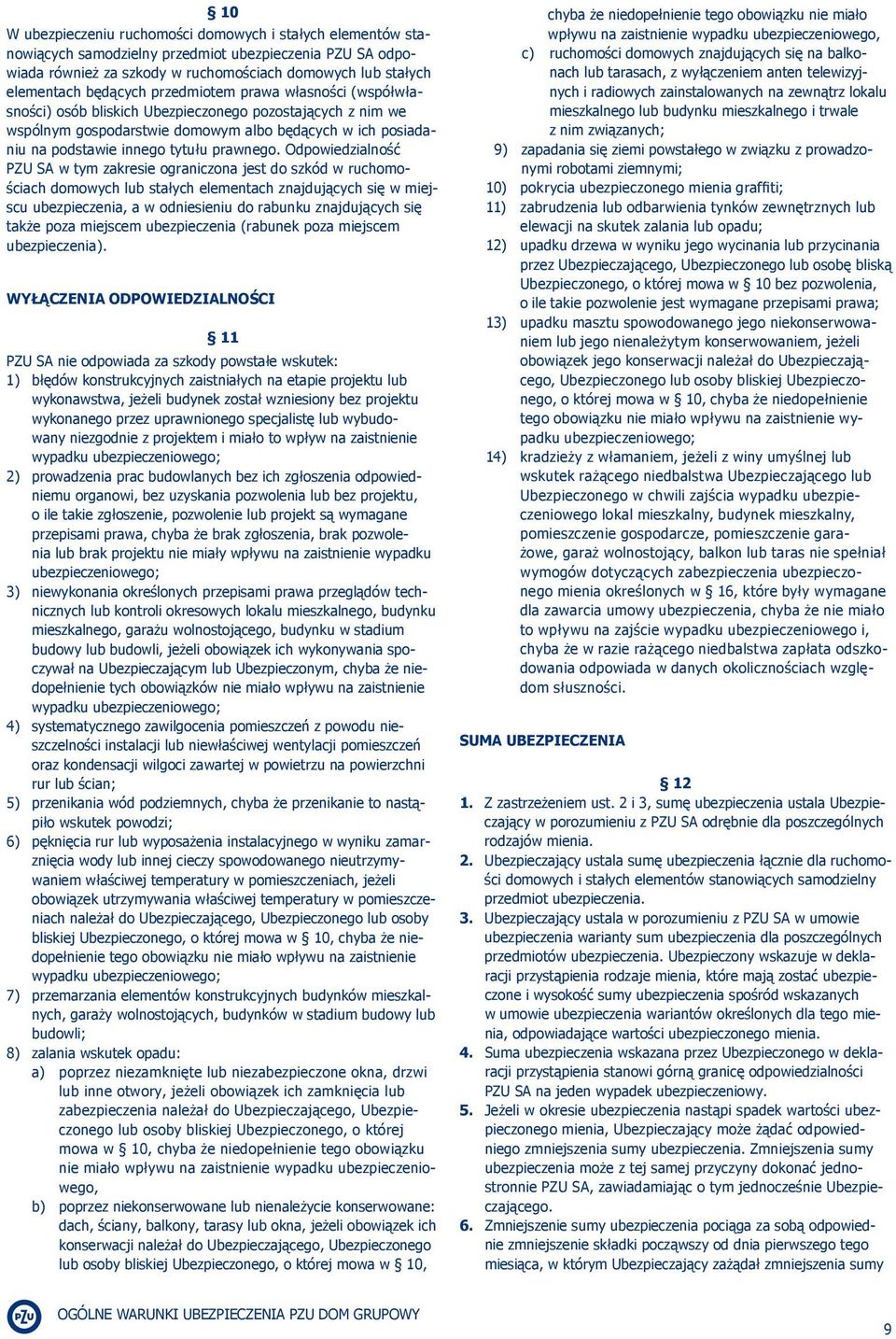 Odpowiedzialność PZU SA w tym zakresie ograniczona jest do szkód w ruchomościach domowych lub stałych elementach znajdujących się w miejscu ubezpieczenia, a w odniesieniu do rabunku znajdujących się