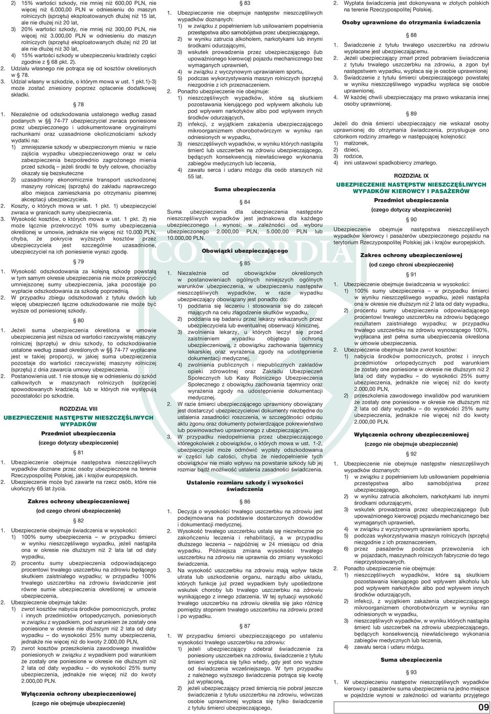000,00 PLN w odniesieniu do maszyn rolniczych (sprz tu) eksploatowanych d u ej ni 20 lat ale nie d u ej ni 30 lat, 4) 15% wartoêci szkody w ubezpieczeniu kradzie y cz Êci zgodnie z 68 pkt. 2). 2. Udzia u w asnego nie potràca si od kosztów okreêlonych w 78.