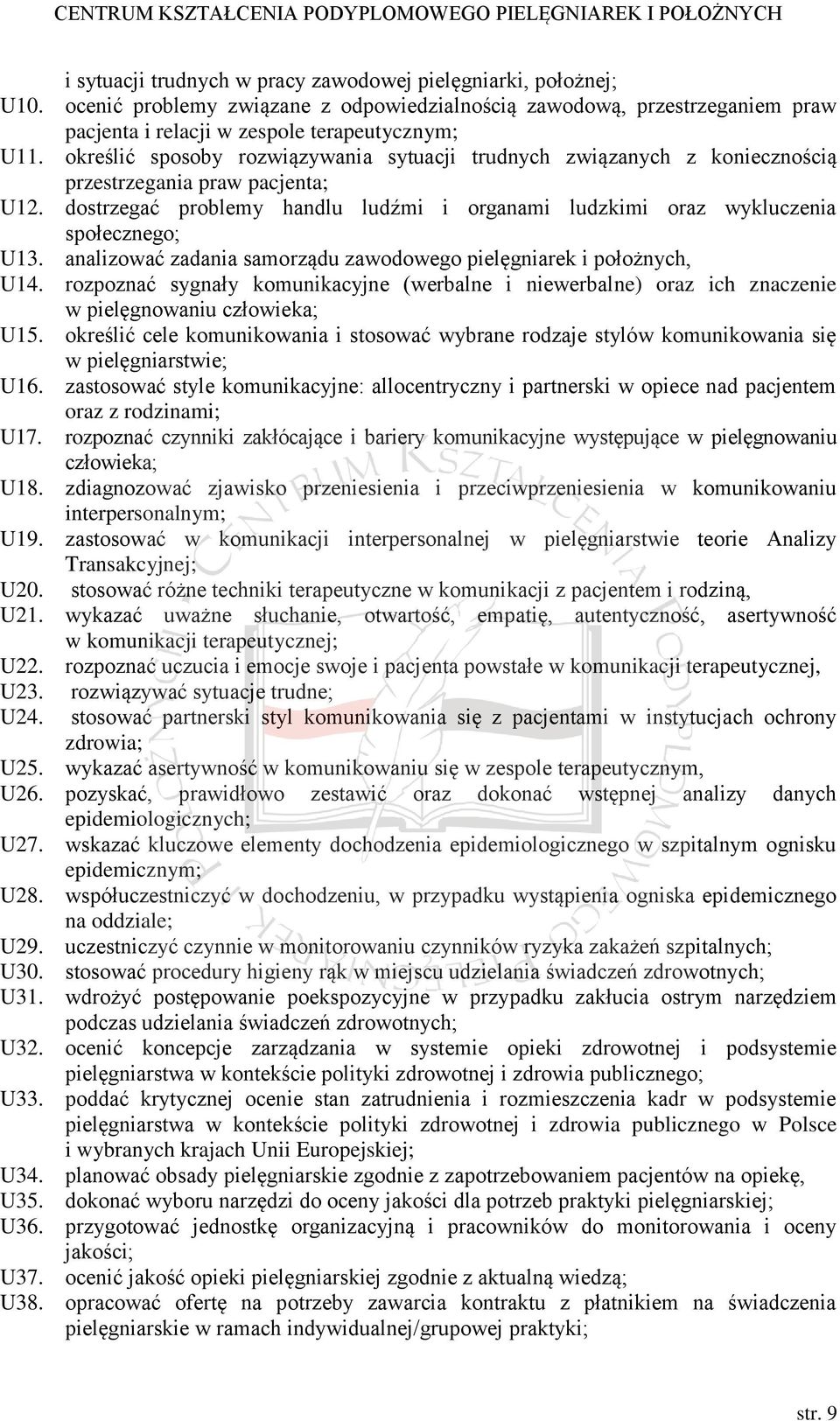analizować zadania samorządu zawodowego pielęgniarek i położnych, U14. rozpoznać sygnały komunikacyjne (werbalne i niewerbalne) oraz ich znaczenie w pielęgnowaniu człowieka; U15.