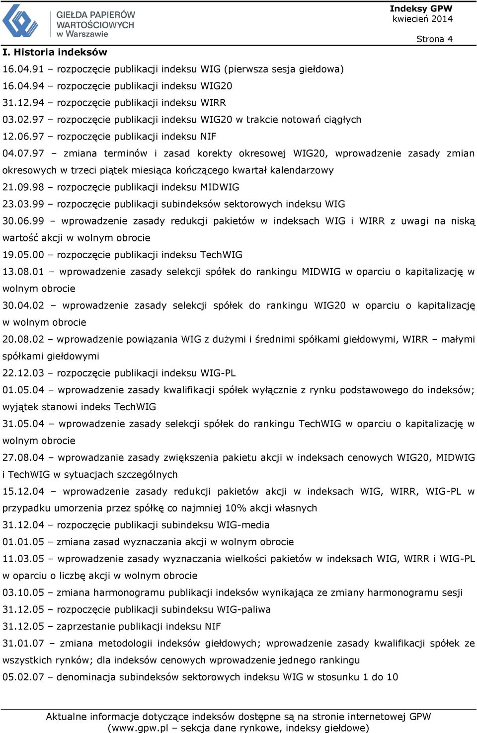 97 zmiana terminów i zasad korekty okresowej WIG20, wprowadzenie zasady zmian okresowych w trzeci piątek miesiąca kończącego kwartał kalendarzowy 21.09.98 rozpoczęcie publikacji indeksu MIDWIG 23.03.