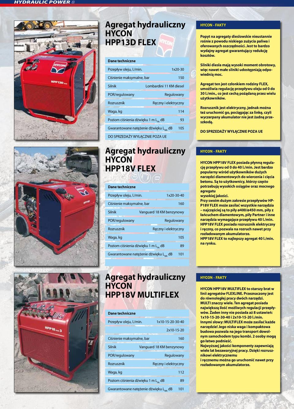 WYŁĄCZNIE POZA UE Agregat hydrauliczny HYCON HPP18V FLEX Przepływ oleju, l./min.