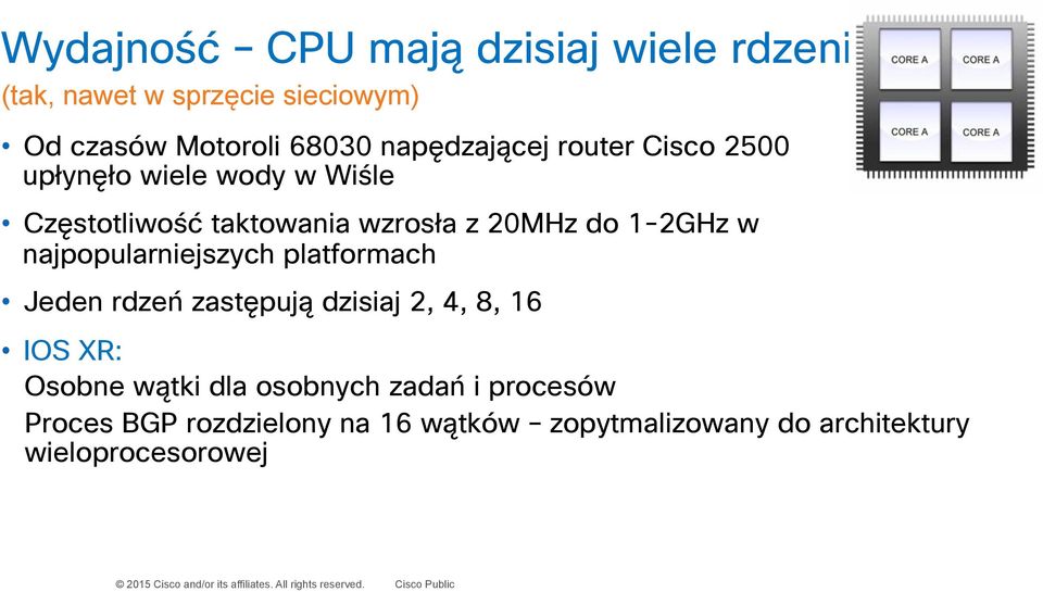 1-2GHz w najpopularniejszych platformach Jeden rdzeń zastępują dzisiaj 2, 4, 8, 16 IOS XR: Osobne wątki