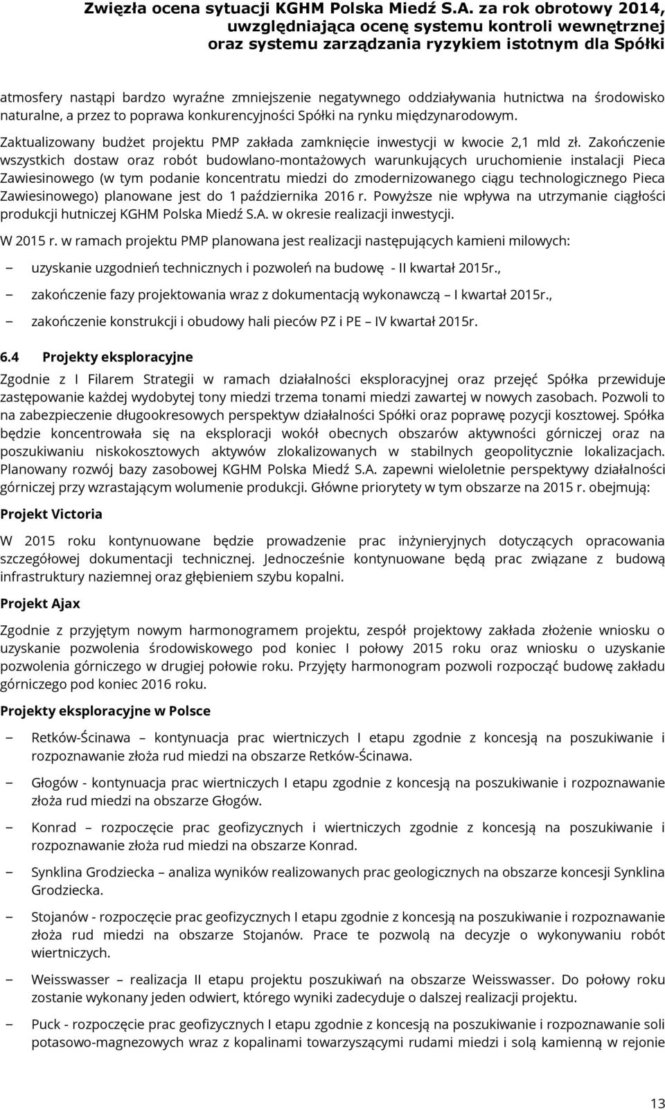 Zakończenie wszystkich dostaw oraz robót budowlano-montażowych warunkujących uruchomienie instalacji Pieca Zawiesinowego (w tym podanie koncentratu miedzi do zmodernizowanego ciągu technologicznego