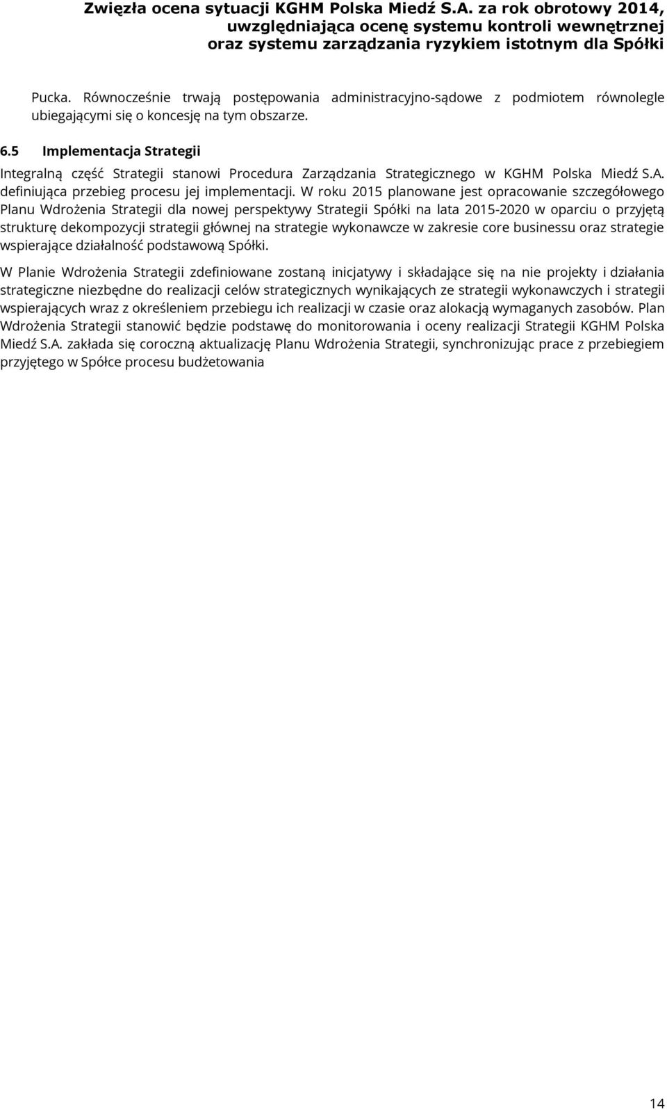 W roku 2015 planowane jest opracowanie szczegółowego Planu Wdrożenia Strategii dla nowej perspektywy Strategii Spółki na lata 2015-2020 w oparciu o przyjętą strukturę dekompozycji strategii głównej