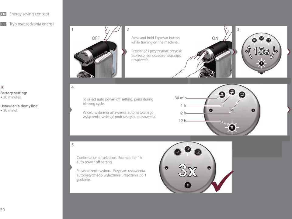 ON 15s Factory setting: 30 minutes Ustawienia domyślne: 30 minut 4 To select auto power off setting, press during blinking cycle.