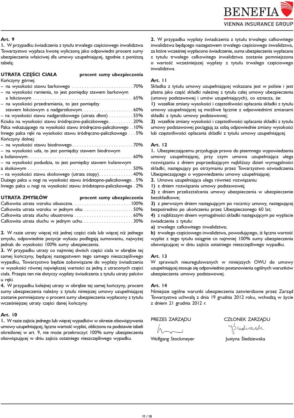 tabelą: UTRATA CZĘŚCI CIAŁA procent sumy ubezpieczenia Kończyny górnej: na wysokości stawu barkowego...70% na wysokości ramienia, to jest pomiędzy stawem barkowym a łokciowym.