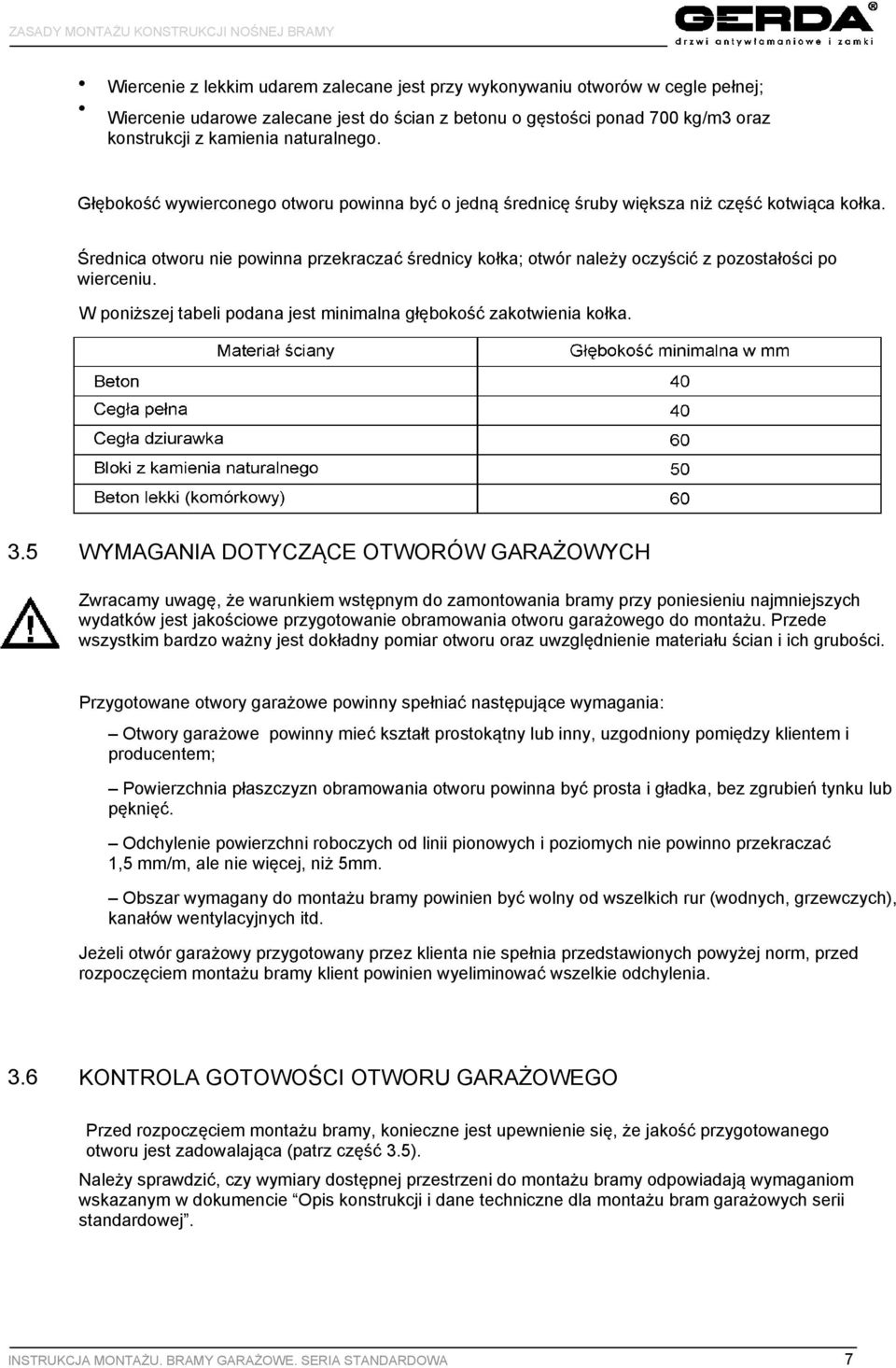 Średnica otworu nie powinna przekraczać średnicy kołka; otwór należy oczyścić z pozostałości po wierceniu. W poniższej tabeli podana jest minimalna głębokość zakotwienia kołka.