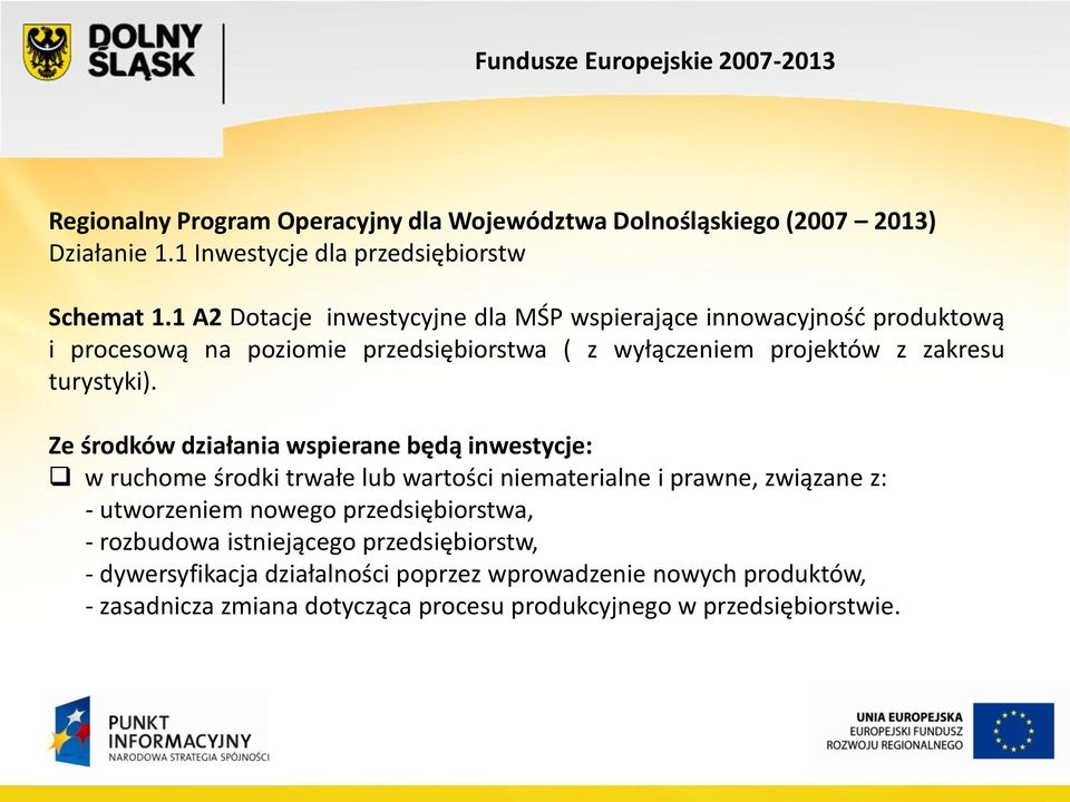 Ze środków działania wspierane będą inwestycje: w ruchome środki trwałe lub wartości niematerialne i prawne, związane z: - utworzeniem nowego przedsiębiorstwa, -