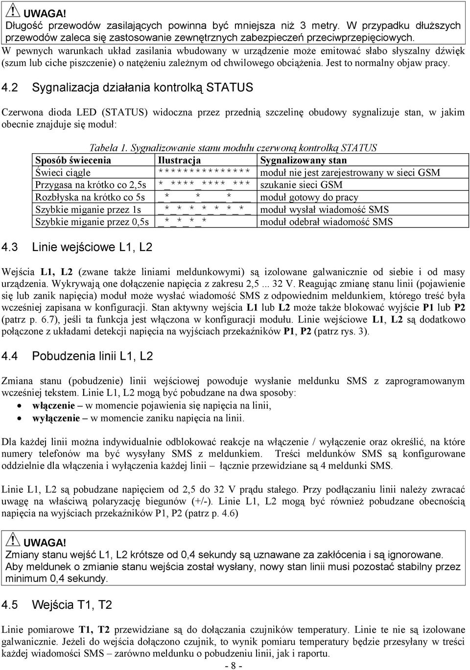 4.2 Sygnalizacja działania kontrolką STATUS Czerwona dioda LED (STATUS) widoczna przez przednią szczelinę obudowy sygnalizuje stan, w jakim obecnie znajduje się moduł: Tabela 1.