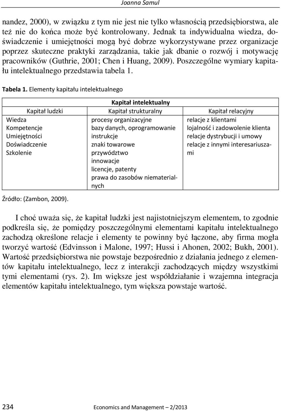 (Guthrie, 2001; Chen i Huang, 2009). Poszczególne wymiary kapitału intelektualnego przedstawia tabela 1. Tabela 1.