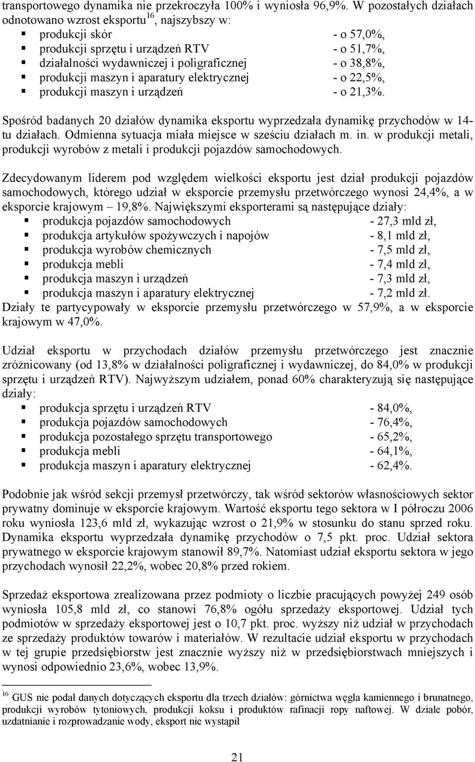 produkcji maszyn i aparatury elektrycznej - o 22,5%, produkcji maszyn i urządzeń - o 21,3%. Spośród badanych 20 działów dynamika eksportu wyprzedzała dynamikę przychodów w 14- tu działach.