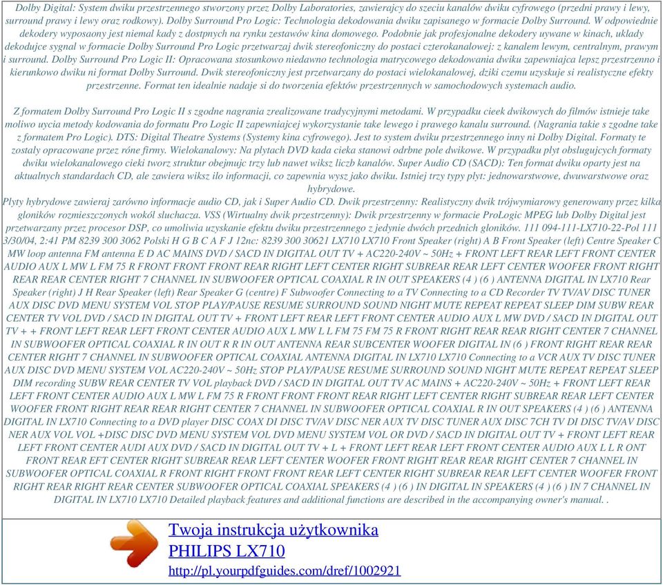 Dolby Surround Pro Logic: Technologia dekodowania dwiku zapisanego w formacie Dolby Surround. W odpowiednie dekodery wyposaony jest niemal kady z dostpnych na rynku zestawów kina domowego.
