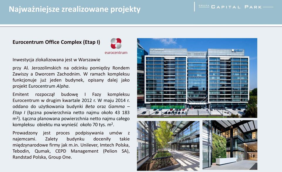 oddano do użytkowania budynki Beta oraz Gamma Etap I (łączna powierzchnia netto najmu około 43 183 m 2 ). Łączna planowana powierzchnia netto najmu całego kompleksu obiektu ma wynieść około 70 tys.