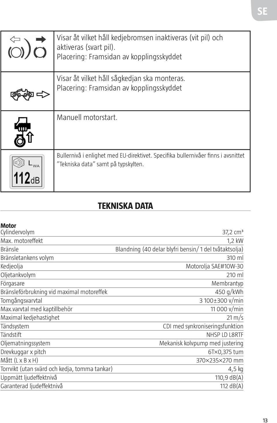 TEKNISKA DATA Motor Cylindervolym 37,2 cm³ Max.