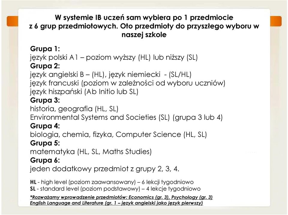 zależności od wyboru uczniów) język hiszpański (Ab Initio lub SL) Grupa 3: historia, geografia (HL, SL) Environmental Systems and Societies (SL) (grupa 3 lub 4) Grupa 4: biologia, chemia, fizyka,