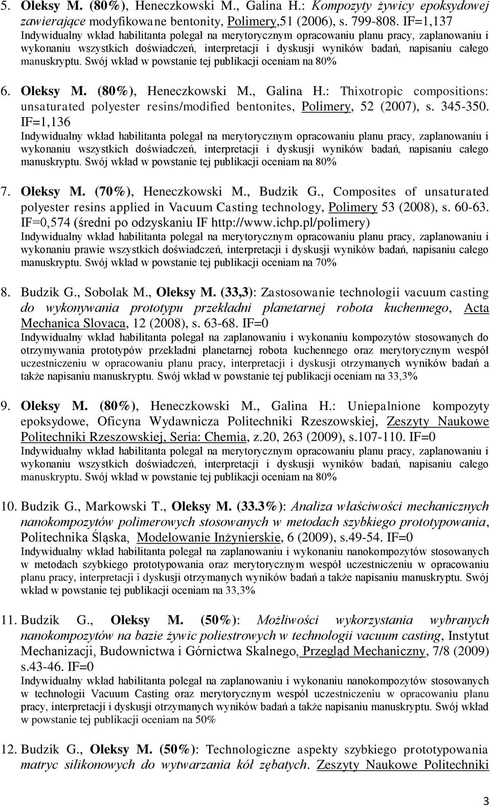 (80%), Heneczkowski M., Galina H.: Thixotropic compositions: unsaturated polyester resins/modified bentonites, Polimery, 52 (2007), s. 345-350.