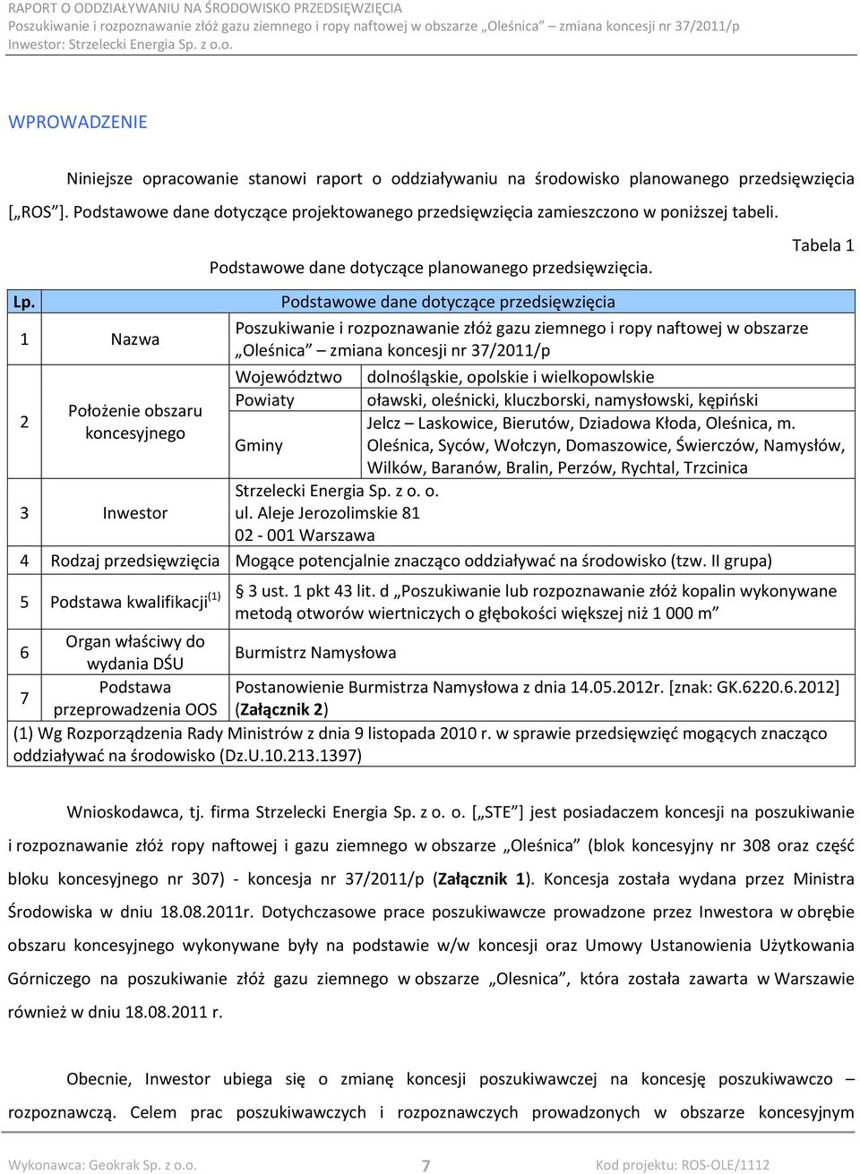 Podstawowe dane dotyczące przedsięwzięcia Poszukiwanie i rozpoznawanie złóż gazu ziemnego i ropy naftowej w obszarze Oleśnica zmiana koncesji nr 37/2011/p Województwo Powiaty Gminy Tabela 1