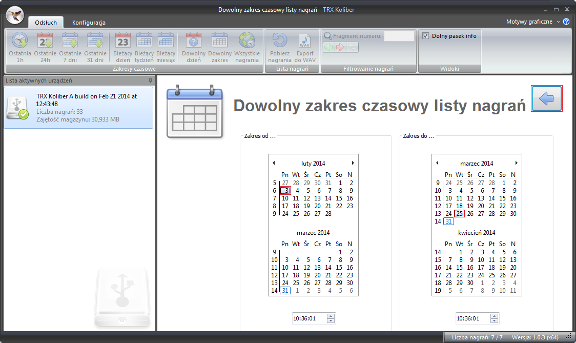 Rejestrator rozmów KOLIBER- instrukcja obsługi lub samodzielnie określić przedział przeszukiwany zakres: Dowolny dzień pozwala użytkownikowi na określenie dnia, z którego będą pobierane rozmowy