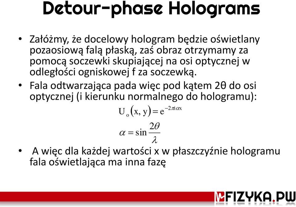 Fala odtwarzająca pada więc pod kątem 2θ do osi optycznej (i kierunku normalnego do hologramu): U o