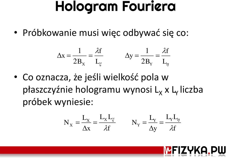 płaszczyźnie hologramu wynosi X x Y liczba próbek