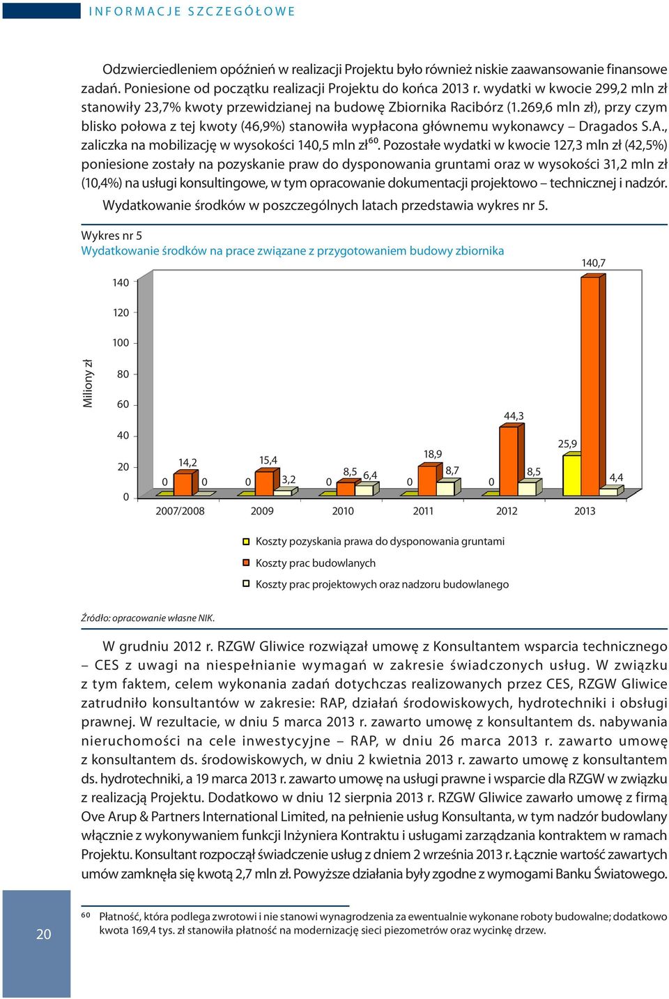 269,6 mln zł), przy czym blisko połowa z tej kwoty (46,9%) stanowiła wypłacona głównemu wykonawcy Dragados S.A., zaliczka na mobilizację w wysokości 140,5 mln zł60.