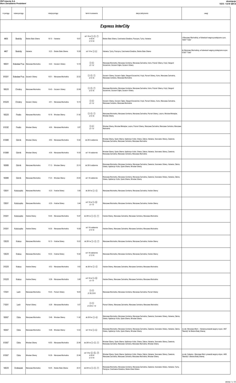 1606/7 "Odra" 4407 Beskidy Katowice 9:22 - Bielsko Biała Główna 10:28 od 1 III w 1-6 Katowice, Tychy, Pszczyna, Czechowice-Dziedzice, Bielsko Biała Główna do Warszawy Wschodniej, w Katowicach wagony