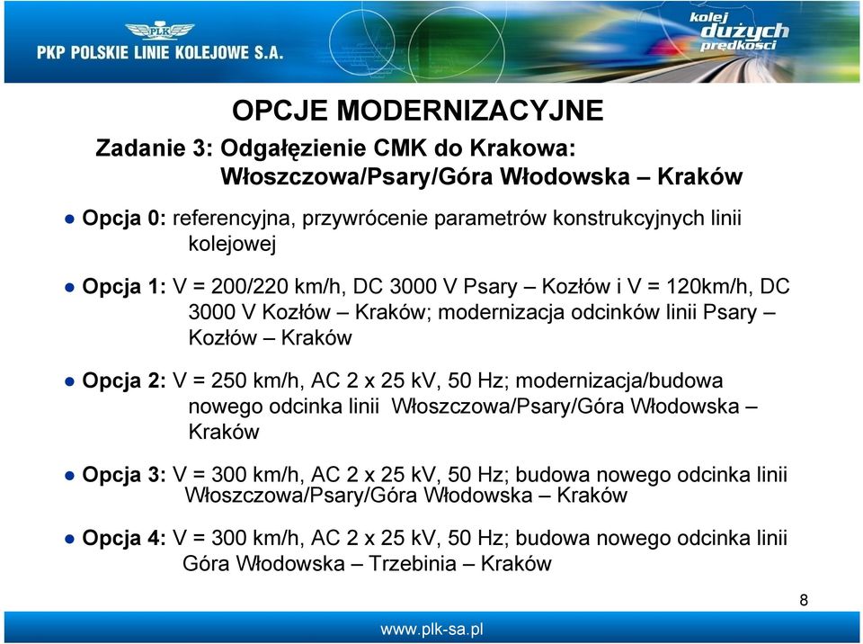 = 250 km/h, AC 2 x 25 kv, 50 Hz; modernizacja/budowa nowego odcinka linii Włoszczowa/Psary/Góra Włodowska Kraków Opcja 3: V = 300 km/h, AC 2 x 25 kv, 50 Hz; budowa