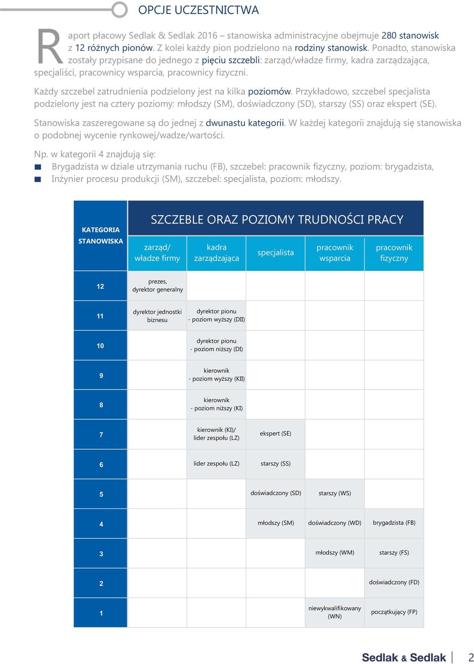Każdy szczebel zatrudnienia podzielony jest na kilka poziomów. Przykładowo, szczebel specjalista podzielony jest na cztery poziomy: młodszy (SM), doświadczony (SD), starszy (SS) oraz ekspert (SE).