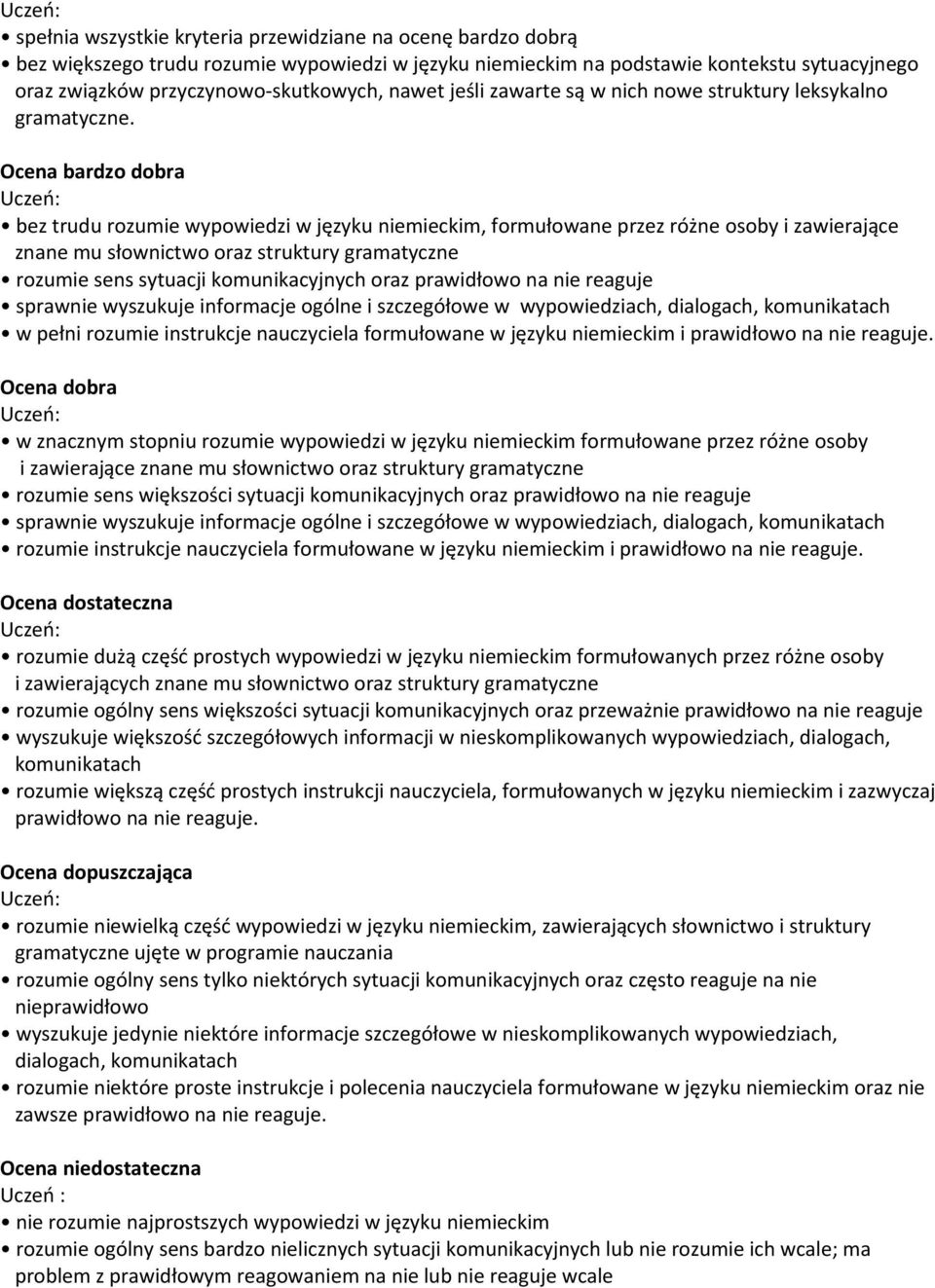 Ocena bardzo dobra bez trudu rozumie wypowiedzi w języku niemieckim, formułowane przez różne osoby i zawierające znane mu słownictwo oraz struktury gramatyczne rozumie sens sytuacji komunikacyjnych