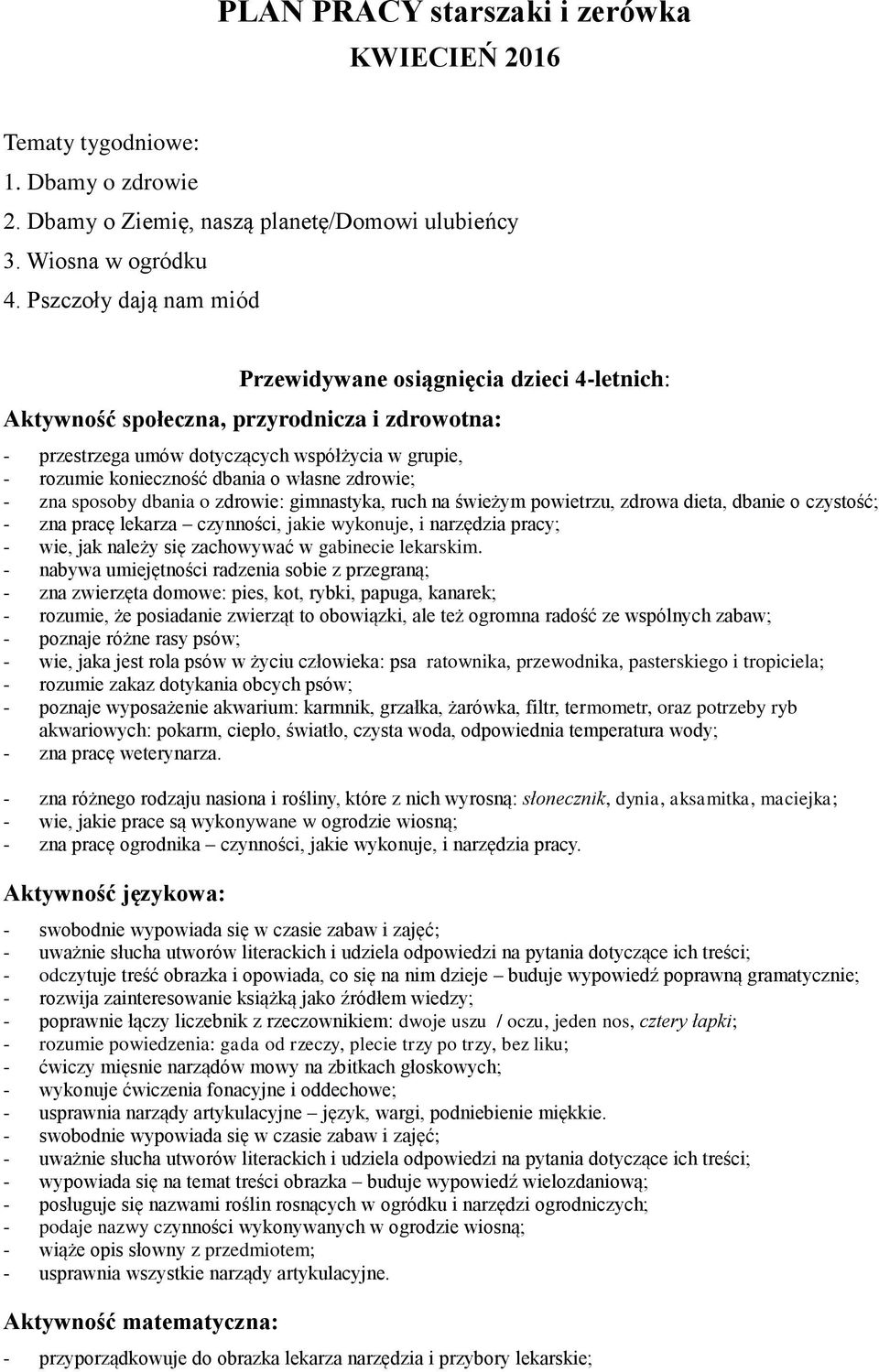 własne zdrowie; - zna sposoby dbania o zdrowie: gimnastyka, ruch na świeżym powietrzu, zdrowa dieta, dbanie o czystość; - zna pracę lekarza czynności, jakie wykonuje, i narzędzia pracy; - wie, jak