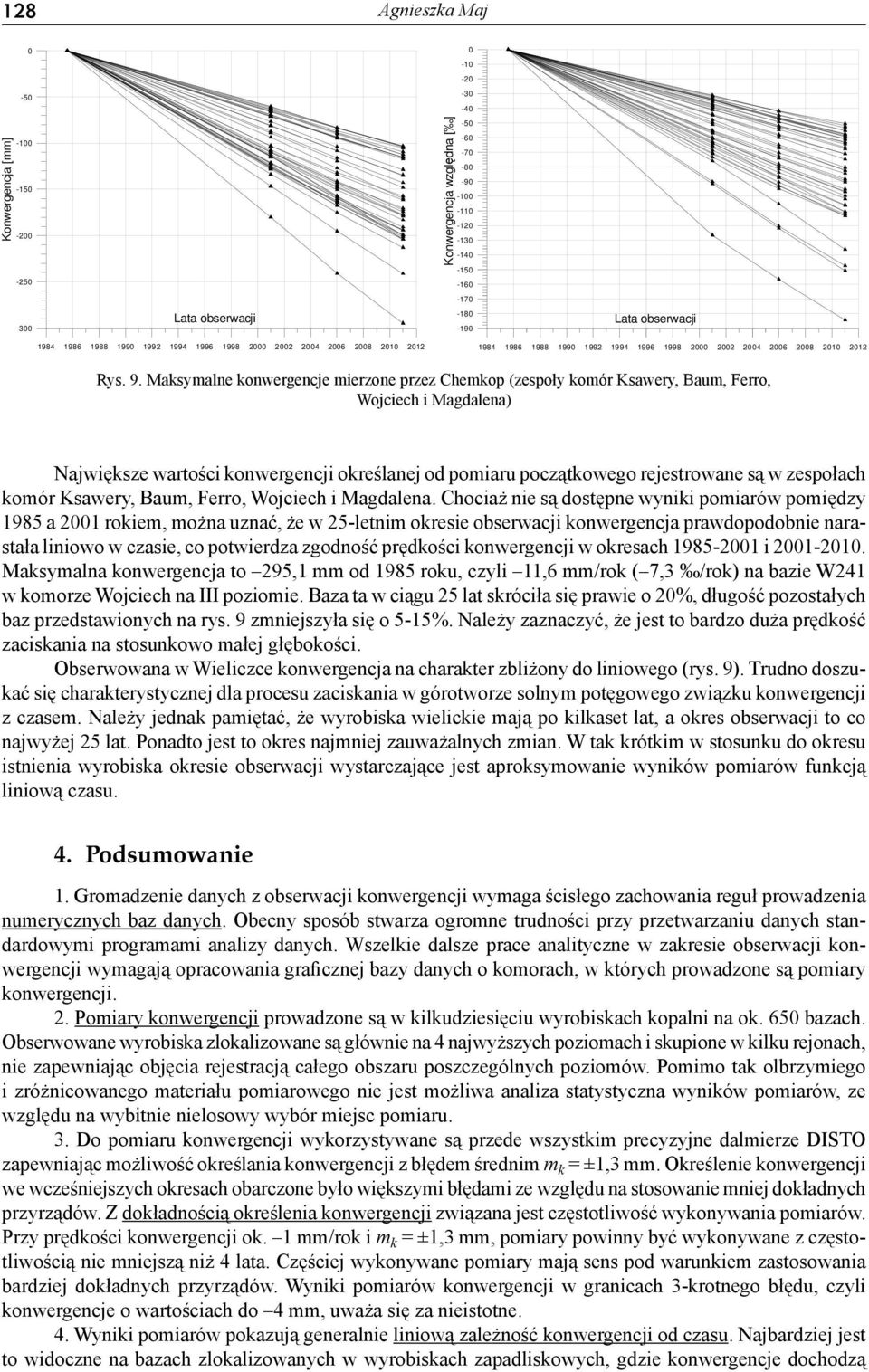 Maksymalne konwergencje mierzone przez Chemkop (zespoły komór Ksawery, Baum, Ferro, Wojciech i Magdalena) Konwergencja wzgl dna [ ] Największe wartości konwergencji określanej od pomiaru początkowego